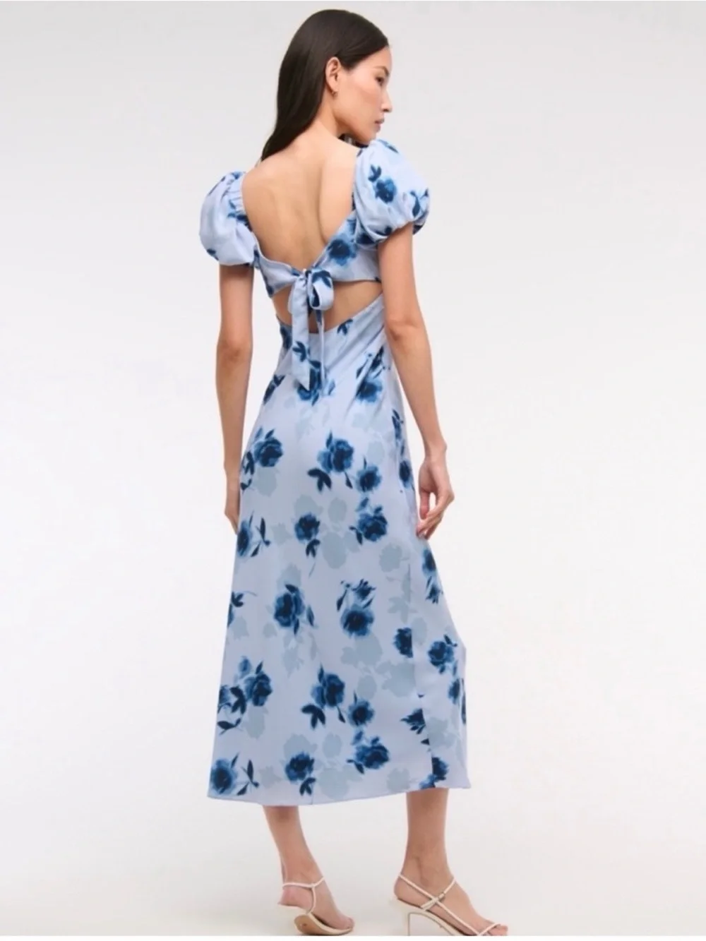 Blue Floral Midi Dress with Puff Sleeves